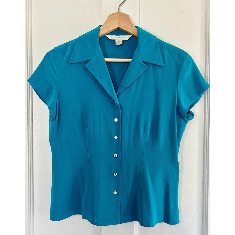 100% Silk Women's Vintage Teal Short Sleeve Button Down Blouse Size Small